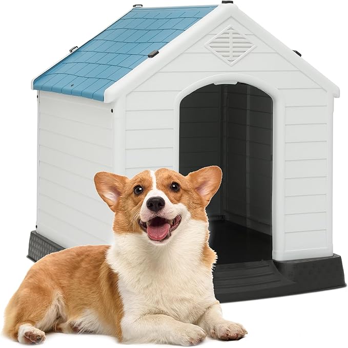 MoNiBloom 32.5 Inch Insulated Dog House for Small to Large Dogs, Waterproof Dog Shelter with Air Vents and Elevated Floor, All Weather Indoor Outdoor Plastic Doghouse, Easy Assembly