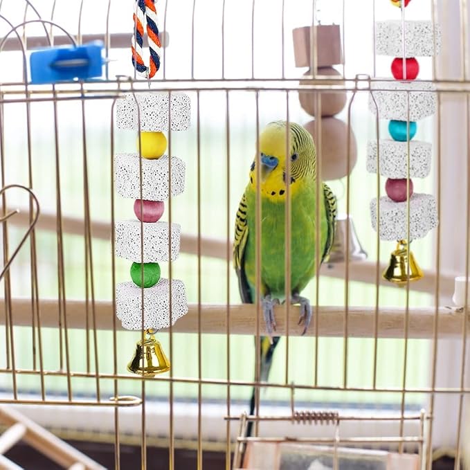 MiOYOOW 2PCS Parrot Chewing Toys, Bird Beak Grinding Calcium Stones Hanging Bird Cage Accessories with Bells for Small pets Parakeet Hamster Chinchilla Lovebird Cockatiel