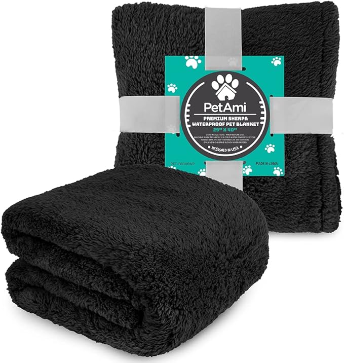 PetAmi Fluffy Waterproof Dog Blanket for Small Medium Dogs, Soft Warm Pet Sherpa Throw Pee Proof Couch Cover, Reversible Cat Puppy Bed Blanket Sofa Protector, Plush Washable Pad (Black, 29x40)