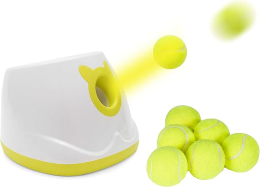 Automatic Ball Launcher for Dogs, 4 Launch Distance Modes, 2-inch Small Balls Included, Suitable for Small to Medium Sized Dogs (White with tennis balls)