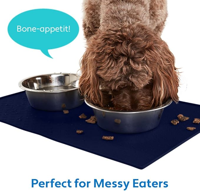 MIGHTY MONKEY 100% Waterproof Dog Food Mat, Raised Edges Silicone Pet Feeding Placemat for Cat, Dogs, Pet Bowls, High Lipped Tray Prevents Water Spills, Food on Floor, Dishwasher Safe, 18x12, Navy