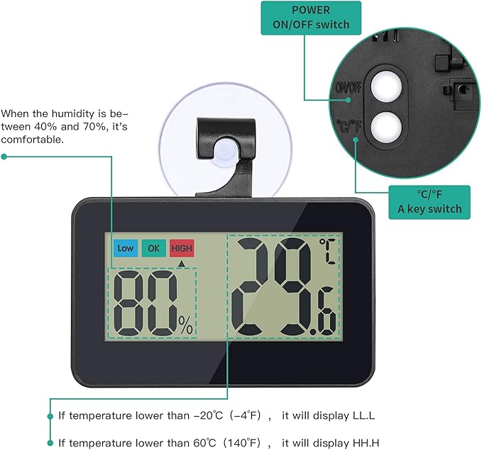 Reptile Thermometer Hygrometer with Hook and Suction Cup Digital Thermometer Hygrometer for Reptile Terrarium Rearing Box Tank Reptile Thermometer for Bearded Dragon Tank Decoration (White)