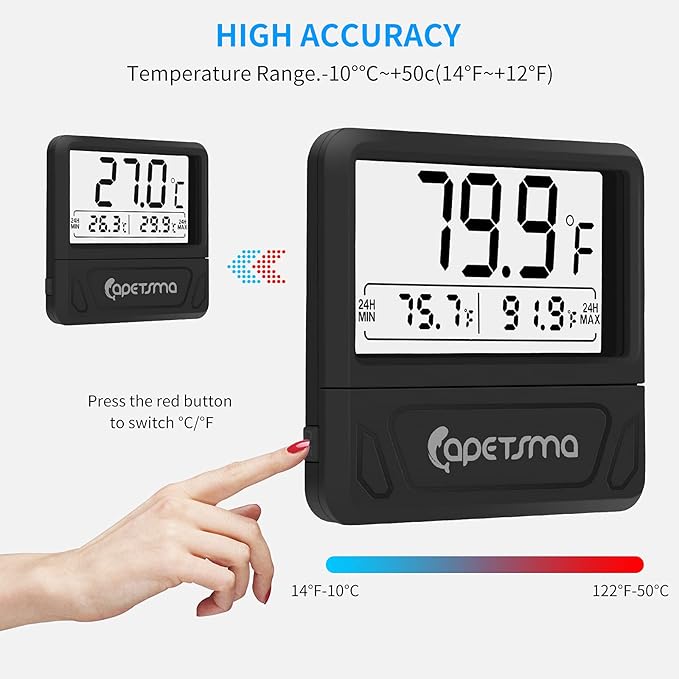 capetsma Aquarium Thermometer Digital Fish Tank Thermometer Large LCD Screen Records High & Low Water Temperature in 24 hrs