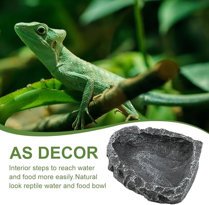 Reptile Bowls, 2 Pcs Reptile Feeding Dish with Clamp & Shovel, Resin Rock Reptile Water & Food Bowls, Amphibian Reptile Feeding Terrarium Bowls for Gecko Lizard Spider Scorpion Chameleon