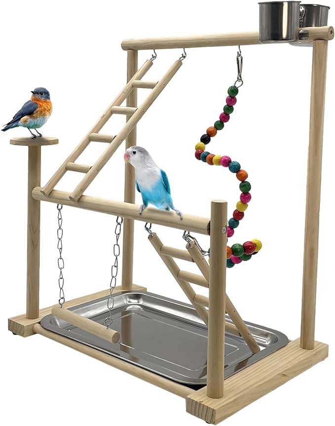 Parrots Playground, Bird Play Gym Wood Perch Stand Colours Revolving Climb Ladders Swing Chewing Toys with Parakeet Feeding Cups Exercise Activity Center for Conure Cockatiel Lovebirds(Include a Tray)