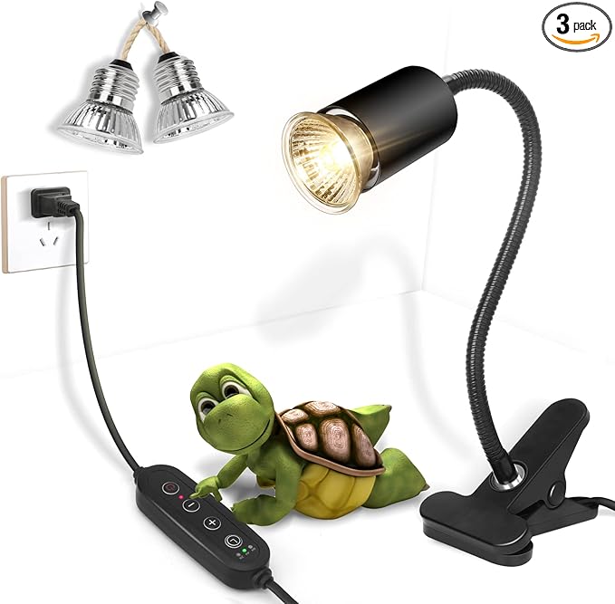 Reptile Heat Lamp,Timed Heating Lamp with Clamp, Adjustable Habitat Basking Heat Lamp,UVA/UVB Light Lamp 360° Rotatable Clip and Power Adapter for Aquarium(Bulb Included)