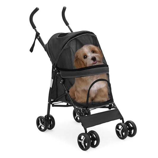 MoNiBloom 4 Wheels Pet Stroller, Easy-Fold Puppy Cage Jogger Stroller with Sun Cover, Pad and Rear Storage Bag, Breathable and Visible Mesh for Small/Medium Pets up to 22 lbs, Balck