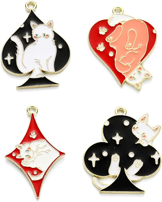 KitBeads 20pcs Enamel Cat Charms Mixed Colors Poker Kitten Charms Cartoon Pet Kitten Spade Diamond Club Heart Poker Charms for Jewelry Making