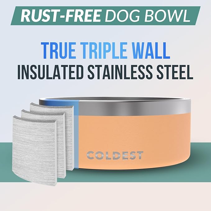 Coldest Dog Bowl - Anti Rust Metal & Non Slip Dog Bowls Large, Spill Proof Heavy Duty 3 Layers Insulated Dog Bowl - Food and Water Bowl for Dogs, Cats & Pets, Dishwasher Safe (100 oz, Sahara Peach)