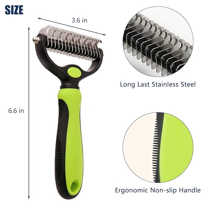 Pet Hair Removal Tool, Dematting and Deshedding Brush for Dogs and Cats, Double Sided Pet Grooming Brush Hair Shedding Comb (Green)