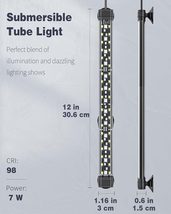 Pawfly 6.5 W Aquarium LED Light 12 Inch 24/7 Fish Tank Light with Full Spectrum IPX8 Waterproof Light Multi-Colored LEDs with D/N Mode Single Color Effects Timer and Adjustable Brightness