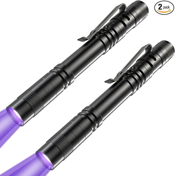 COSOOS 2 UV Black Light Flashlight, 2 Pack 395nm Mini Pen Light with Clip, Waterproof Ultraviolet Flashlight for Leak, Pet Urine, Scorpion, Hotel Inspection, Dry Stain and Bed Bug.