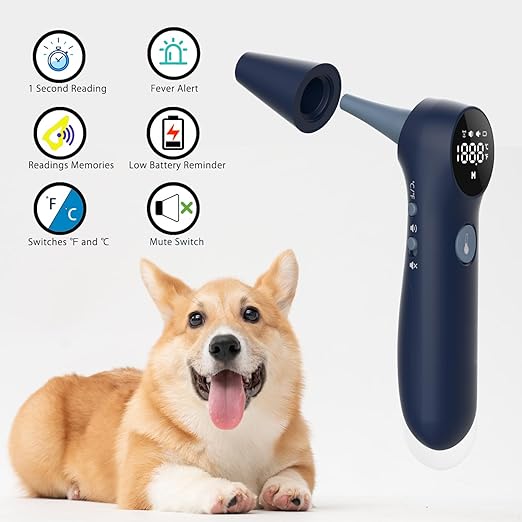 Non-Contact Dog Ear Thermometer - Rapid Measurement - Includes 20 Pet Swabs - Ear Thermometer for Dogs, Cats, Rabbits (Blue)