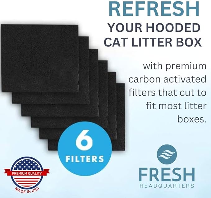 6-Piece Litter Box Filters for Hooded Cat Litter Box – Activated Charcoal Filters Eliminate up to 99% of Odors – 6 Inch x 6.5 Inch Trimmable Pads