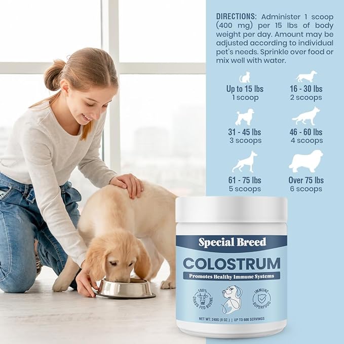 Bovine Colostrum for Dogs and Cats, Immune Support Supplement for Allergy and Itch Relief, Grass Fed Colostrum Powder (240 Grams)