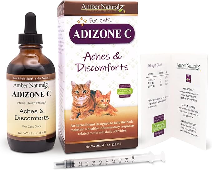 AMBER NATURALZ Adizone C Herbal Supplement for Cats | Feline Herbal Supplement for Occasional Soreness, Stiffness, Aches and Discomfort | 4 Fluid Ounce Glass Bottle | Manufactured in The USA