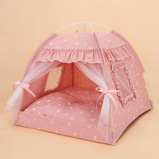 Cat Bed Tents Dog House Indoor Outdoor Lace Mesh Breathable Windows Door Curtains Removable Portable Nest Teepe House (Small,Pink(Ruffled Teim))