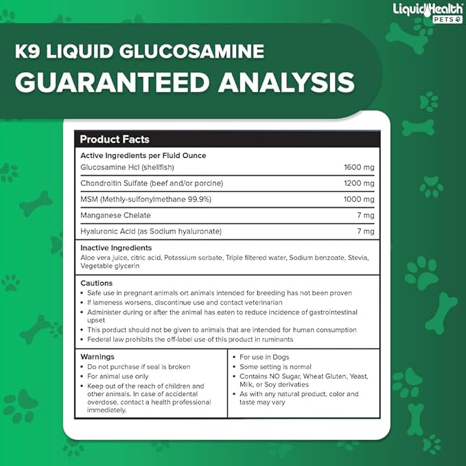 LIQUIDHEALTH 32 Oz K9 Liquid Glucosamine for Dogs, Puppies and Senior Canines - Chondroitin, MSM, Hyaluronic Acid – Joint Health, Dog Vitamins Hip Joint Juice, Dog Joint Oil