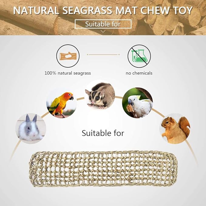 Bird Seagrass Mat 29.5"×7" Parrot Natural Grass Woven Net Hammock Hanging on Cage with Hooks Parakeet Climbing Rope Ladder Chew Toys for Pigeon Cockatiel Conure Budgie Cockatoo Rat