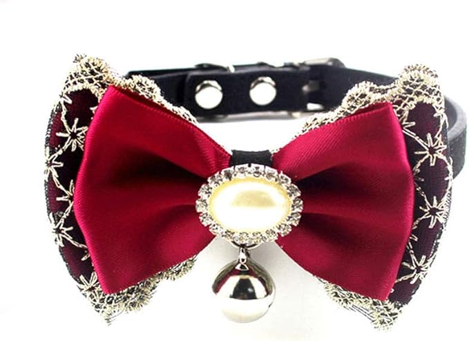 Bling Rhinestone Lace Bow Tie Cat Dog Collar with Bell for Small Dogs Female Kitten - Chihuahua Yorkie Clothes Accessories Costume Outfits, Adjustable and Handmade (Red Lace, Size S)