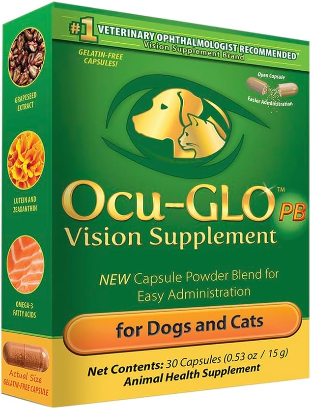 Ocu-GLO PB Vision Supplement for Small Dogs & Cats – Easy to Administer Powder Blend with Lutein, Omega-3 Fatty Acids, Grape Seed Extract and Antioxidants to Promote Eye Health, 30ct Sprinkle Capsules