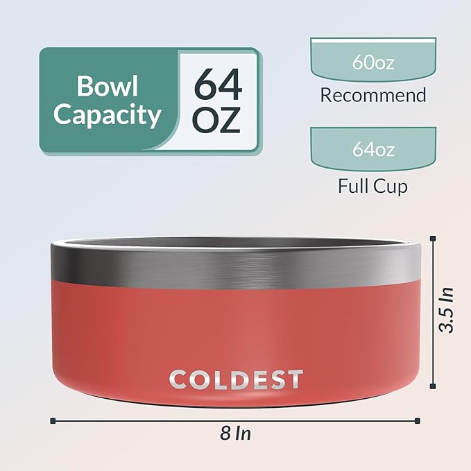 Coldest Dog Bowl - Anti Rust Metal & Non Slip Dog Bowls Large, Spill Proof Heavy Duty 3 Layers Insulated Dog Bowl - Food and Water Bowl for Dogs, Cats & Pets, Dishwasher Safe (64 oz, Crimson Red)