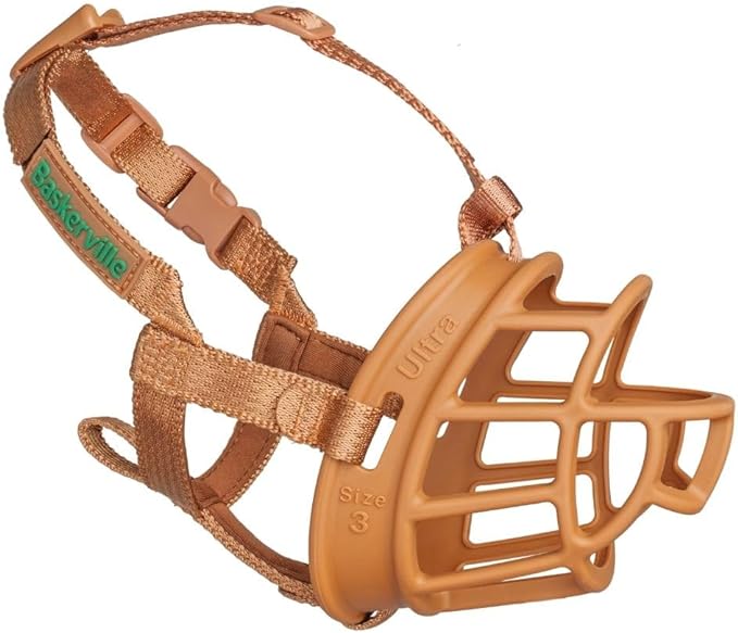 BASKERVILLE ULTRA MUZZLE - Patented Humane Design, Breathable, Dog can Pant and Drink, Adjustable, Padded, Dog Training Muzzle for Small Dogs, Prevents Biting, Wildlife Scavenging (Size 2, Tan)