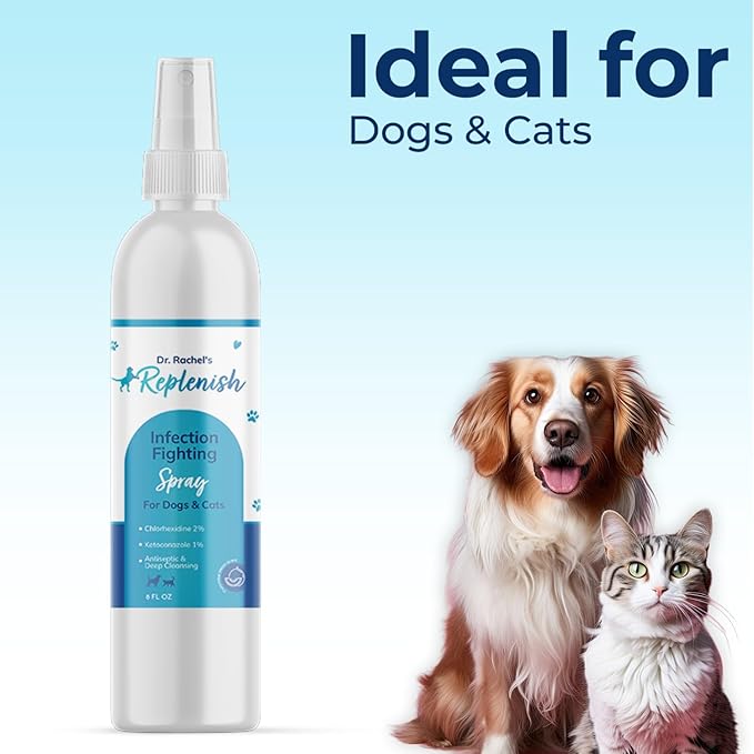 Replenish Skin Soothing Spray for Pets - Hot Spot Spray Treatment for Dogs - Dr. Rachel's Chlorhexidine, Ketoconazole, and Aloe Vera Formula for Dermatological Care in Dogs, Cats, and Horses - 8 oz