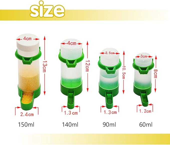 2 Pack Automatic Bird Feeder Bird Water Bottle Drinker Container Food Dispenser Hanging in Birds Cage for Parrots Budgie Cockatiel Lovebirds 60ml & 150ml