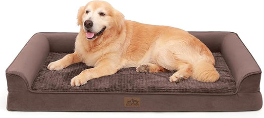 Orthopedic Dog Beds for Extra Large Dogs, Waterproof Memory Foam XXL Dog Bed with Sides, Non-Slip Bottom and Egg-Crate Foam Big Dog Couch Bed with Washable Removable Cover, Brown (U-Shaped)