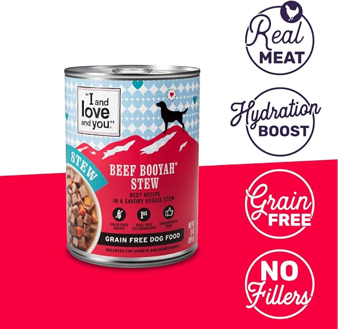 I AND LOVE AND YOU Wet Dog Food - Beef Booyah Stew - Beef Recipe, Grain Free, Filler Free 13oz can, 12pk