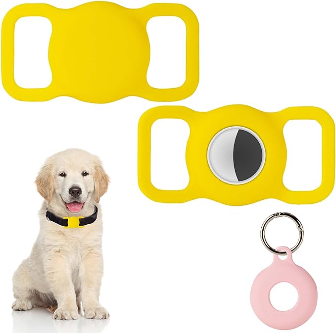 PuppyDoggy 2 Pack Airtag Holder for Collar, Dog Cat Tracker Case, Silicone Airtag Case Waterproof, Scratch-Resistant, Anti-Lost & 1 Pack AirTag Keychain Holder for Bag, Suitcase (Large, Yellow)