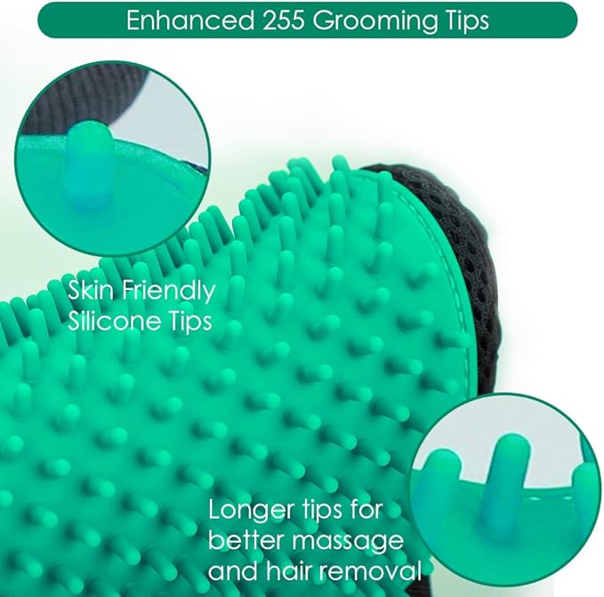 Pet Hair Remover Gloves, Enhance Pet Grooming Glove with 255 Tips, Deshedding Glove for Dog and Cat, 1 Pair Left & Right Gentle De-Shedding Glove Brush, Green