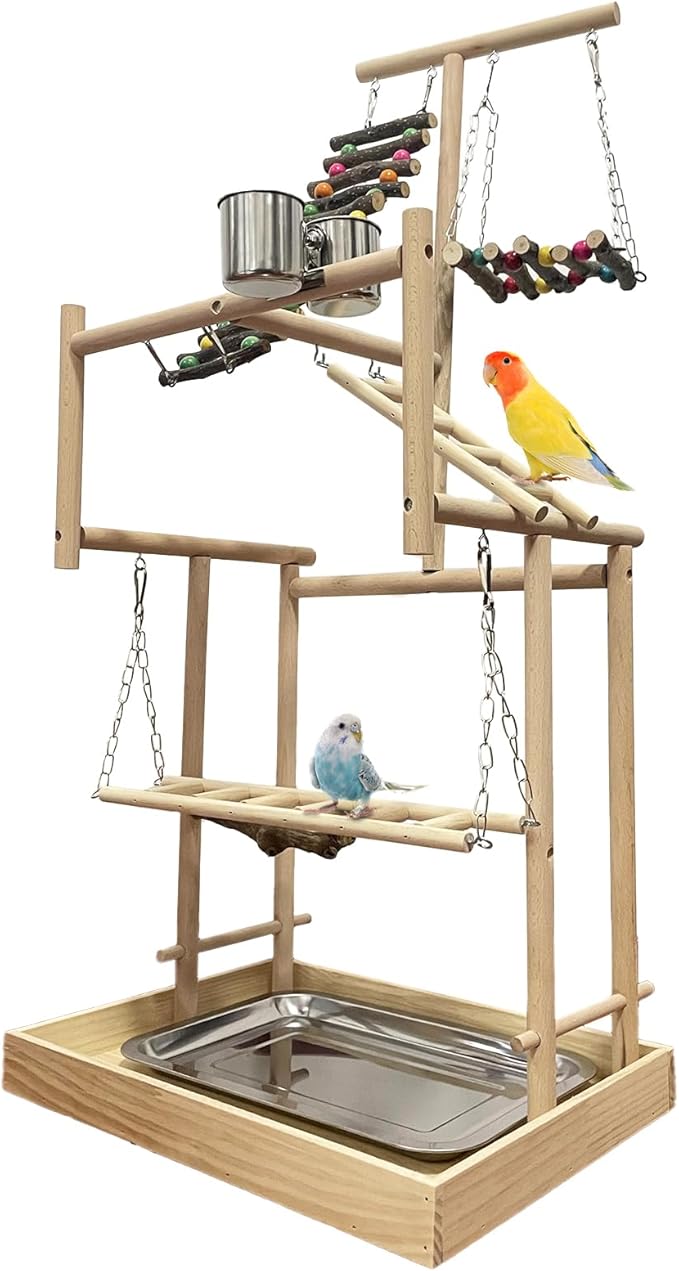 Hamiledyi 4 Layers Large Bird Playground 32" H Pet Parrot Playstand Gym Perch Wood Playpen for Parakeets Lovebirds Conure Cockatiel Cockatoos Finch Budgies or Other Small and Medium-Sized Birds