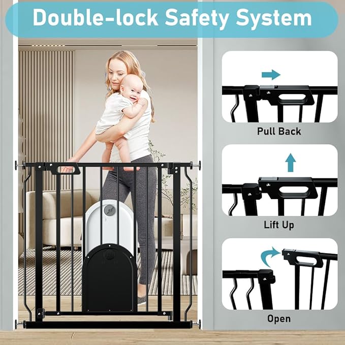 Baby Gate with Cat Door,29.5"-62" Extra Wide Pet Gates with Door Walk Thru, Auto Close Child Safety Gate for Doorways Stairs, Pressure Mounted Metal Dog Gate with Pet Door Adjustable, Black