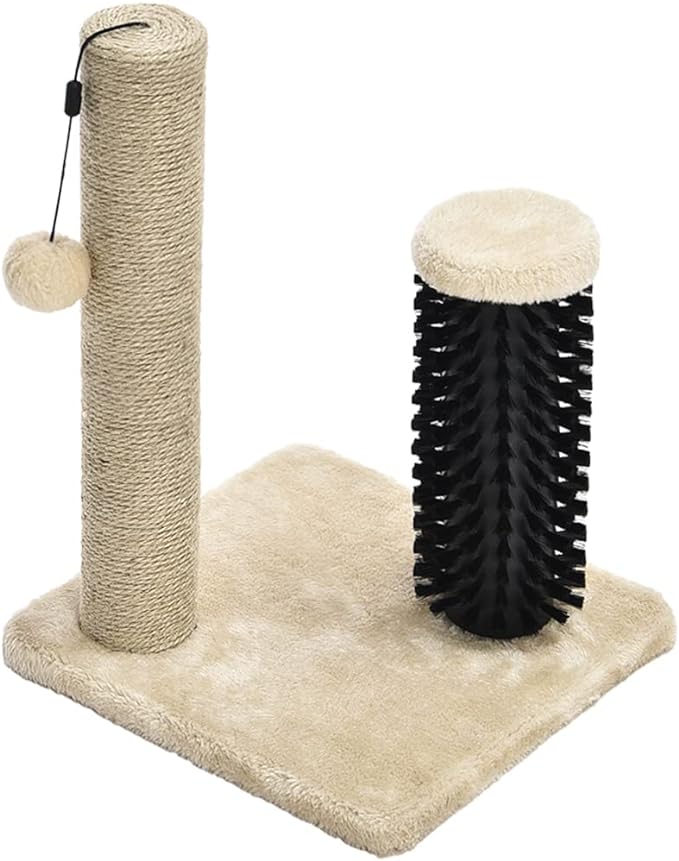 Amazon Basics Cat Scratching Post with Brush, 12.2 x 12.2 x 16.54 inch for Kitten, Beige