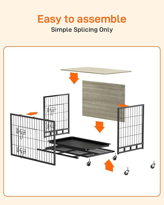 Dog Crate Furniture, 2024 Deluxe Wooden Dog Kennel with Removable Tray and Wheels, Heavy-Duty Double-Doors 32.5" Dog Cage End Table, Indoor Dog House for Large Dogs (Grey & Black, Medium)