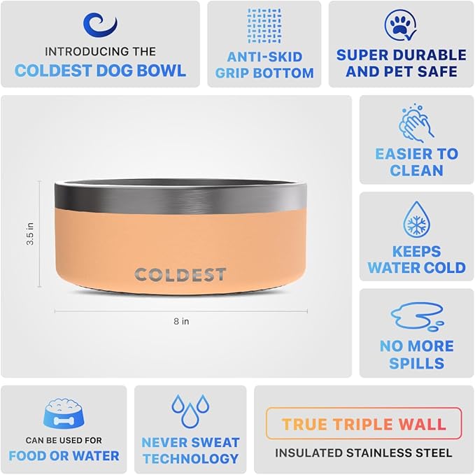 Coldest Dog Bowl - Anti Rust Metal & Non Slip Dog Bowls Large, Spill Proof Heavy Duty 3 Layers Insulated Dog Bowl - Food and Water Bowl for Dogs, Cats & Pets, Dishwasher Safe (64 oz, Sahara Peach)