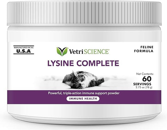 VetriScience Lysine Complete Triple Action Cat Lysine Powder with Scoop - 60 Servings - Immune Support Cat Supplements and Vitamins with L-Lysine and DMG for Immunity and Respiratory Health