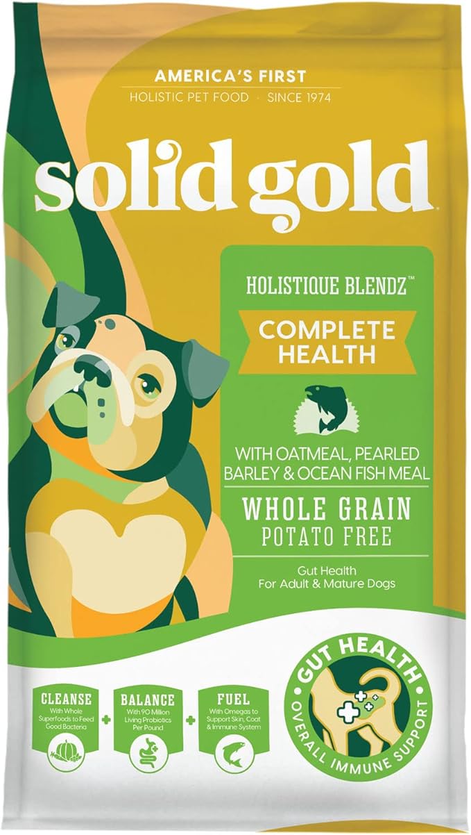 Solid Gold Dry Dog Food for Adult & Senior Dogs - Made with Oatmeal, Pearled Barley, and Fish Meal - Holistique Blendz Potato Free High Fiber Dog Food for Sensitive Stomach & Immune Support - 12 LB