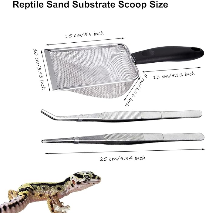 Reptile Sand Substrate Scoop Reptile Sand Fine Mesh Reptile Scooper Stainless Steel Terrarium Substrate Sand Bedding Litter Cleaner Scoop and Reptile Long Feeding Tongs Set (Black-2mm)
