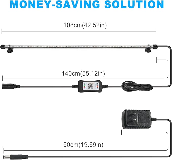 GreenSun Fish Tank Aquarium Light: Submersible Led Lamp - 108 Inch Waterproof Strip Spotlight with APP Control