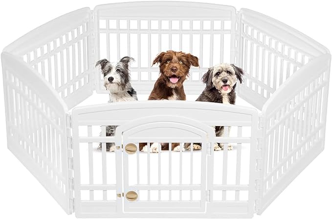 IRIS USA Dog Playpen, 6-Panel 24" Pet Playpen with Door, Puppy Playpen, Indoor/Outdoor Dog Pen, 60 x 60 x 24,Foldable, Customizable, White