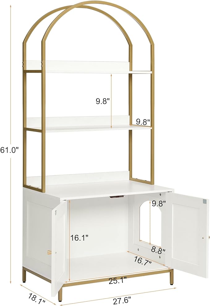 Cat Litter Box Enclosure,Litter Box Furniture Hidden with 2-Tier Storage Shelves,Wooden Cat Washroom Furniture with Metal Frame,Cat House,Modern style, White and Gold