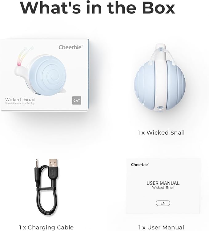 Cheerble Interactive Cat Toy for Indoor Cats, Wicked Snail, [2024 Upgraded] Kitten Toys, Automatic Cat Toy with LED Lights, DC Rechargeable Moving Cat Toy, Smart Sensing Electric Cat Toy (Blue)