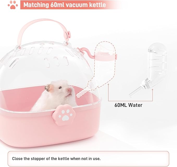 BUCATSTATE Small Animal Carrier Cage with Water Bottle, Portable Hamster Travel Carrier Carry Case 7.24" L*6.69 W *6.42" H for Small Pets, Gerbils, Mice, Dwarf Hamster (Pink)