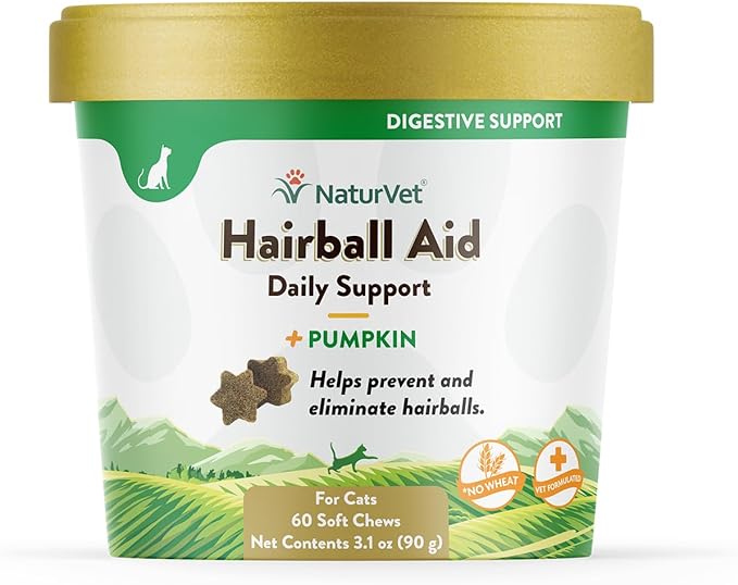 NaturVet – Hairball Aid Supplement for Cats - Plus Pumpkin – Helps Eliminate & Prevent Hairballs – 60 Soft Chews