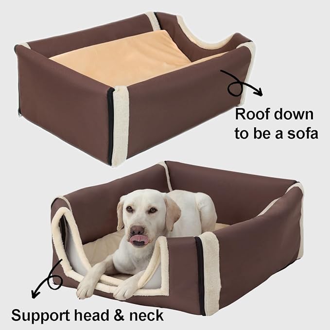 ANPPEX Dog House Indoor,2 in 1 Washable Covered Dog Bed,Insulated Cozy Dog Igloo Cave,2XL Size for Large Dogs,Brown