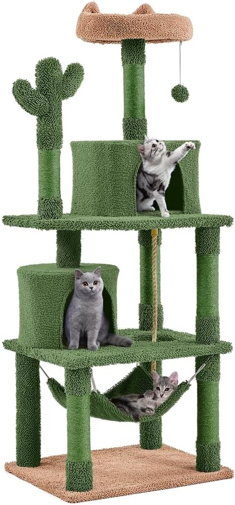 Yaheetech 62in Cactus Cat Tree Multi Level Cat Tower Activity Center Large Cat Condo w/Scratching Posts & Hammock & Dangling Ball, Cat Furniture for Indoor Cats