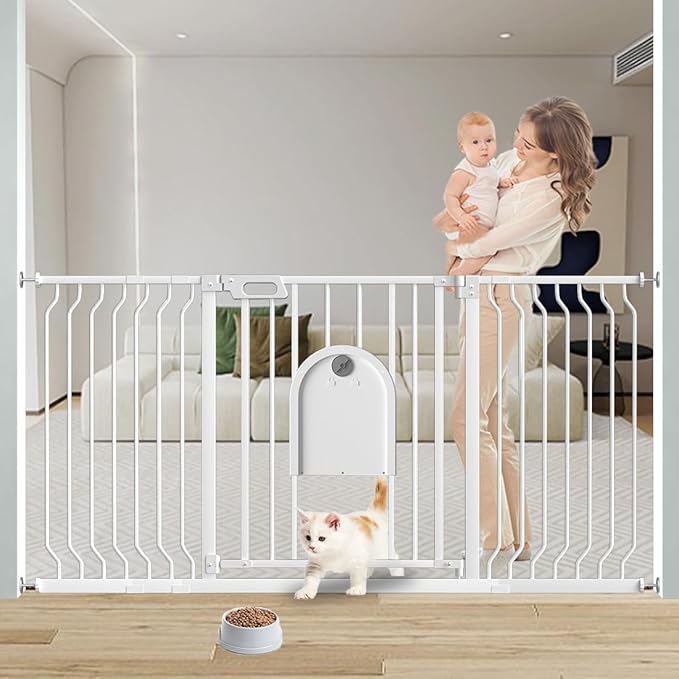 Baby Gate with Cat Door,29.5"-62" Extra Wide Pet Gates with Door Walk Thru, Auto Close Child Safety Gate for Doorways Stairs, Pressure Mounted Metal Dog Gate with Pet Door Adjustable, White